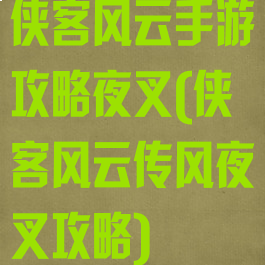 侠客风云手游攻略夜叉(侠客风云传风夜叉攻略)