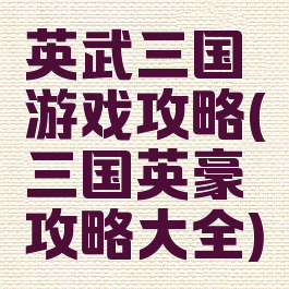 英武三国游戏攻略(三国英豪攻略大全)